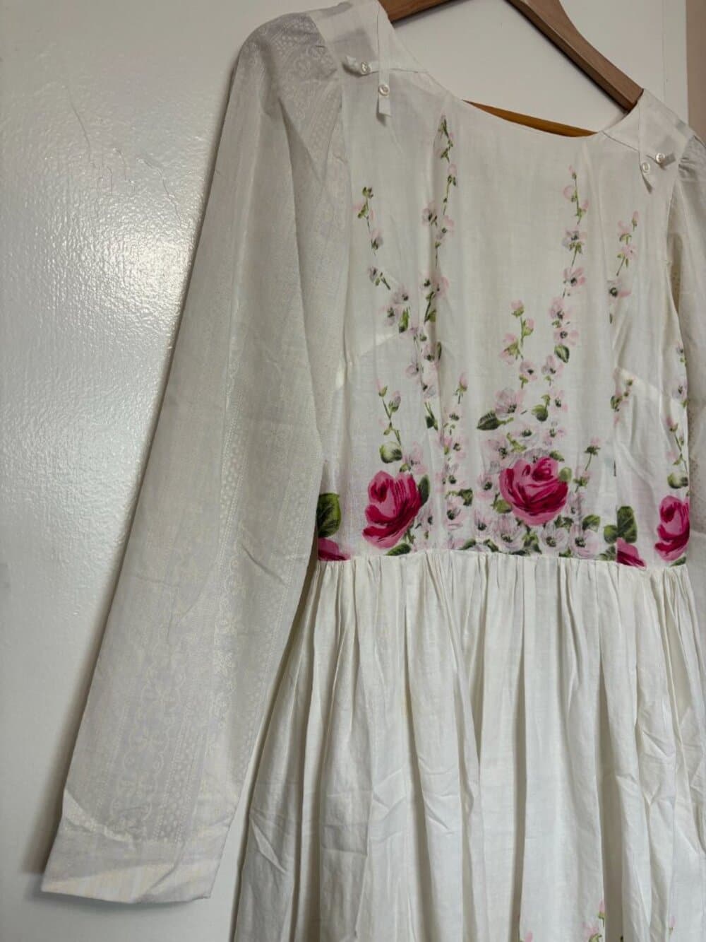 Vintage Pink Roses Floral Long Sleeve Midi Dress - Thumbnail 5