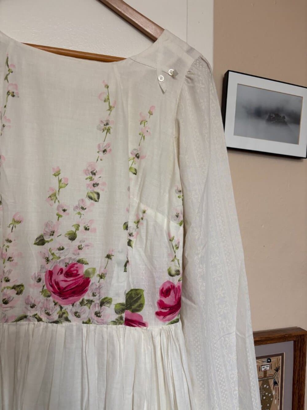 Vintage Pink Roses Floral Long Sleeve Midi Dress - Thumbnail 6