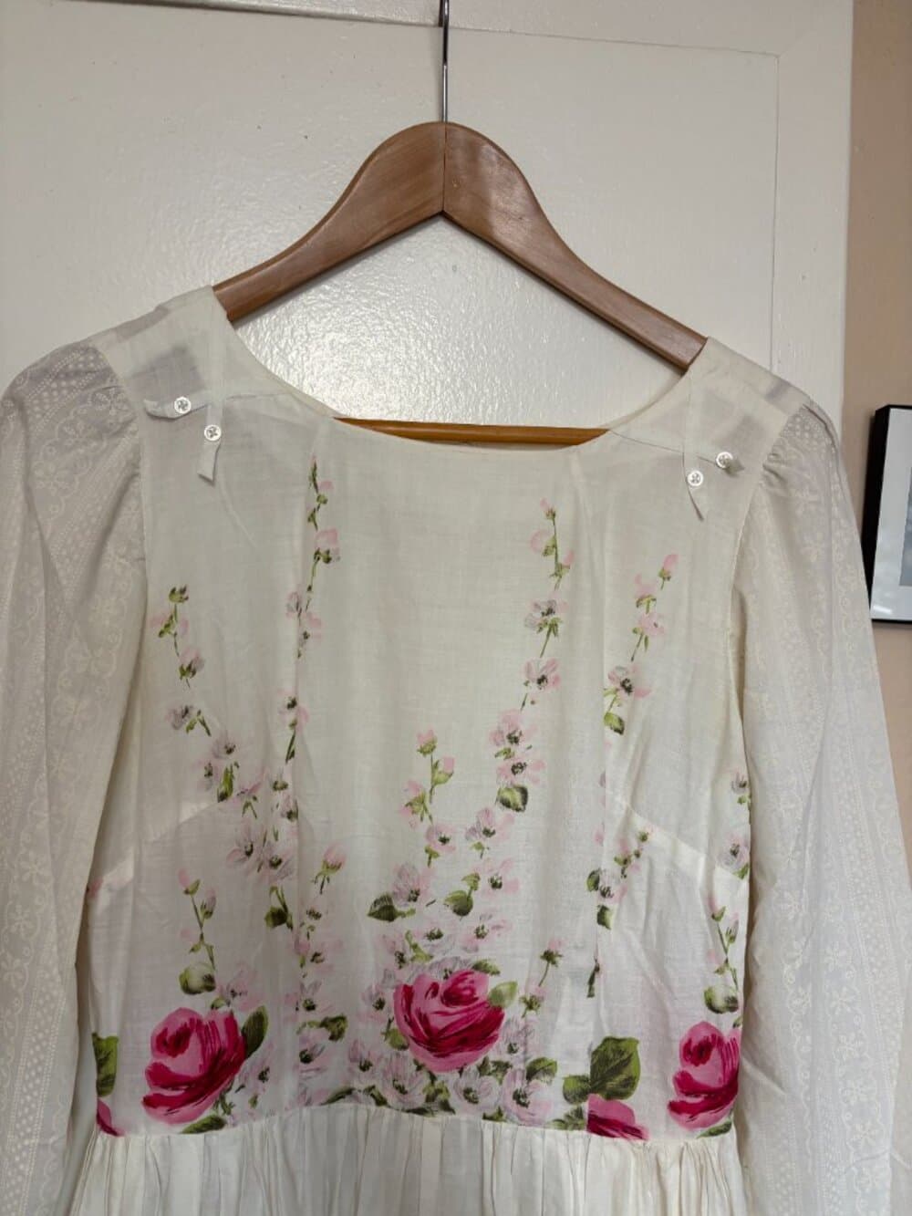 Vintage Pink Roses Floral Long Sleeve Midi Dress - Thumbnail 7
