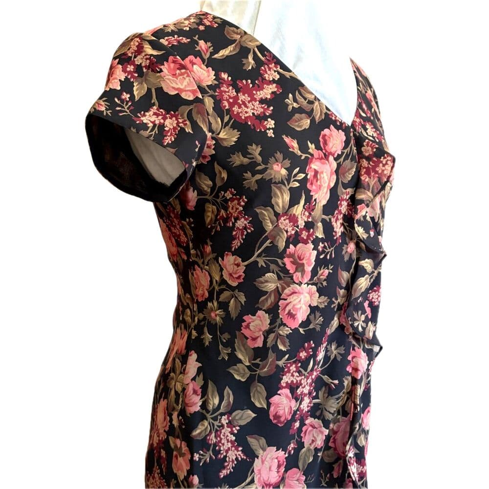 Rose Floral Pattern Dress Black Pink Romantic Ruffle US 8 Medium - Thumbnail 4