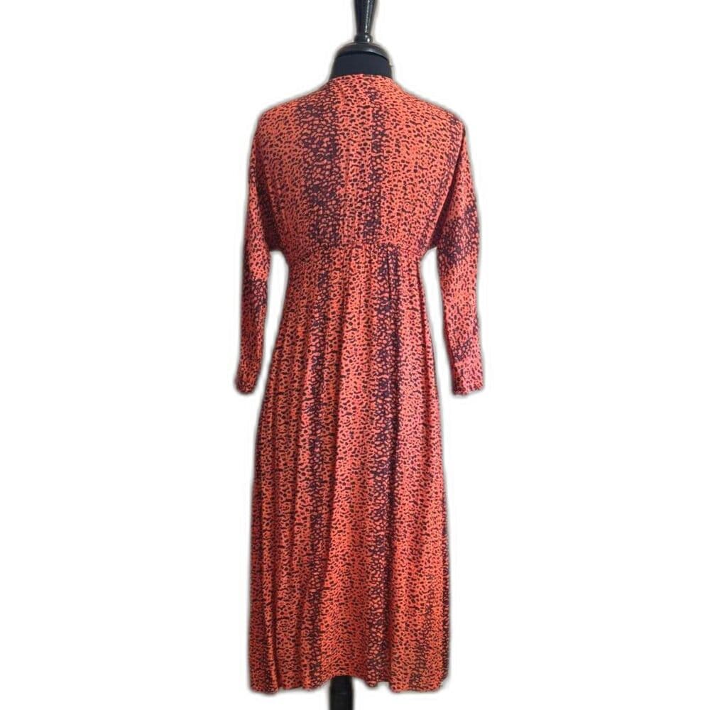 Angie Orange Animal Print Midi Dress Womens Small Boho V Neck Long Sleeve - Thumbnail 2