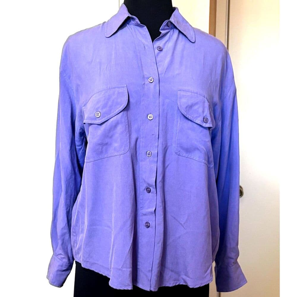 100% Silk Purple Button-up Top Vtg 1990s Quiet Luxury Old Money Career - Thumbnail 2