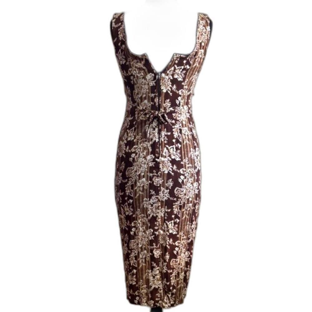 Sleeveless Brown Floral Midi Dress Beading Sheath 1990s Vtg Small 7/8 - Thumbnail 2
