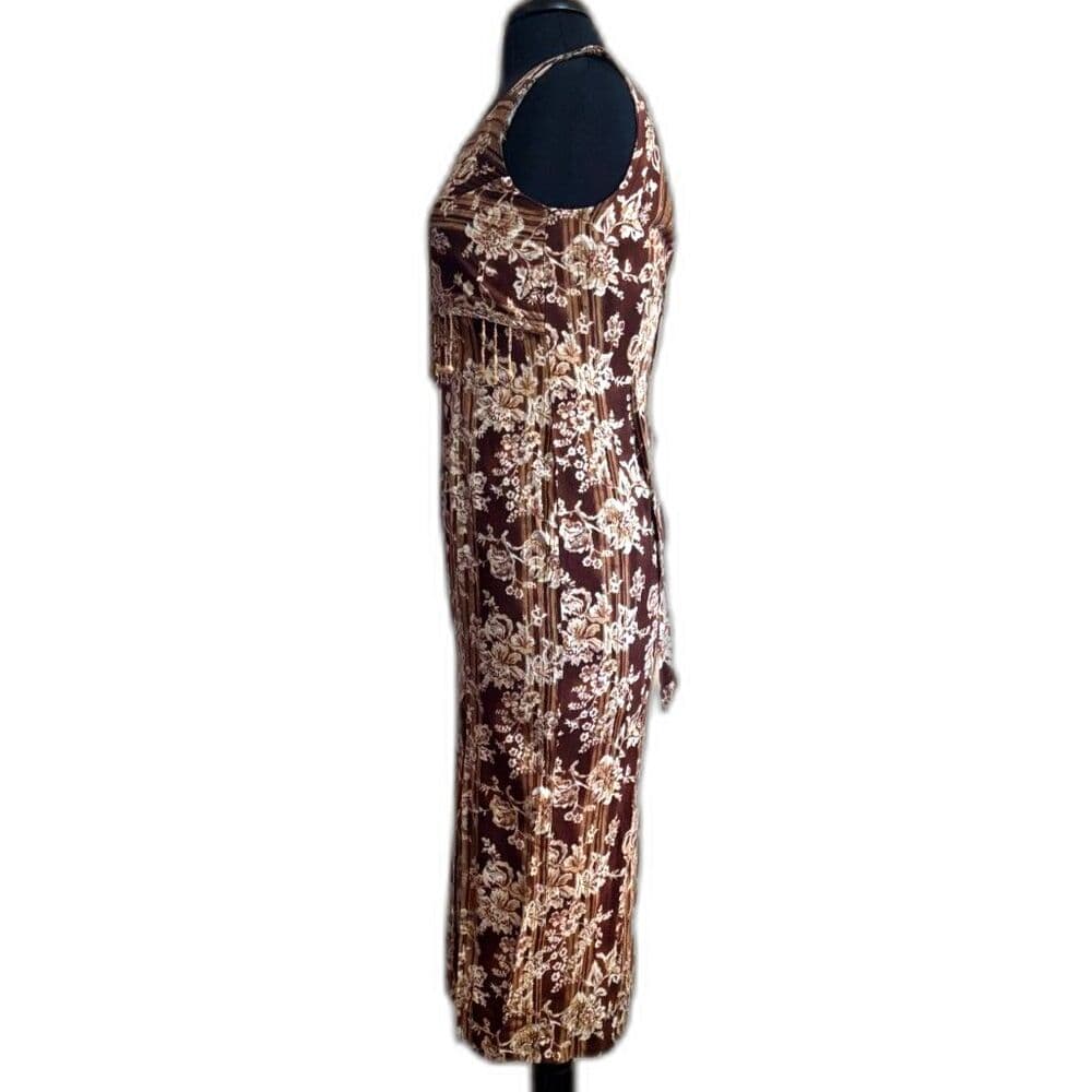 Sleeveless Brown Floral Midi Dress Beading Sheath 1990s Vtg Small 7/8 - Thumbnail 3