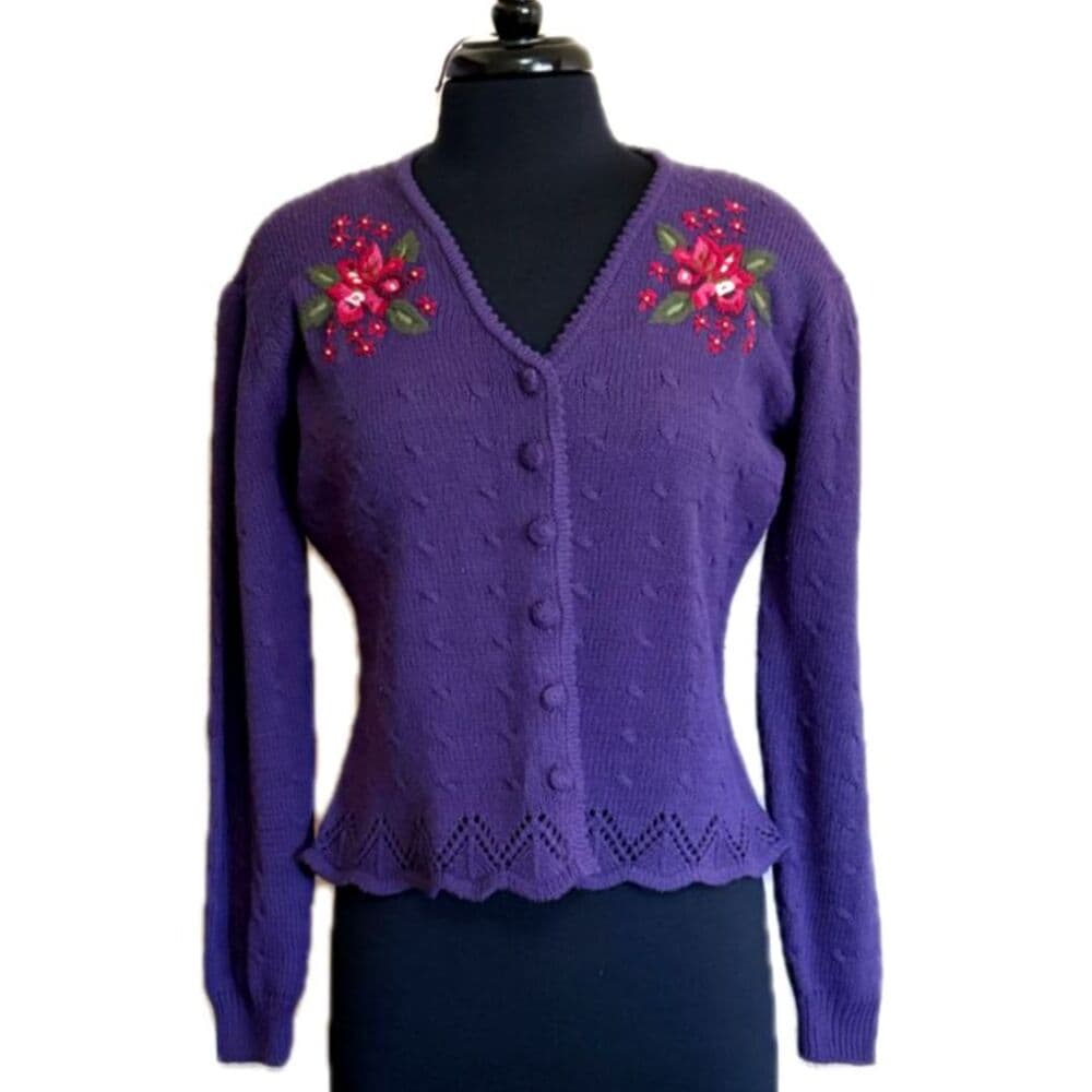 Embroidered Flower Purple Cardigan Cottage Granny Medium - Thumbnail 2
