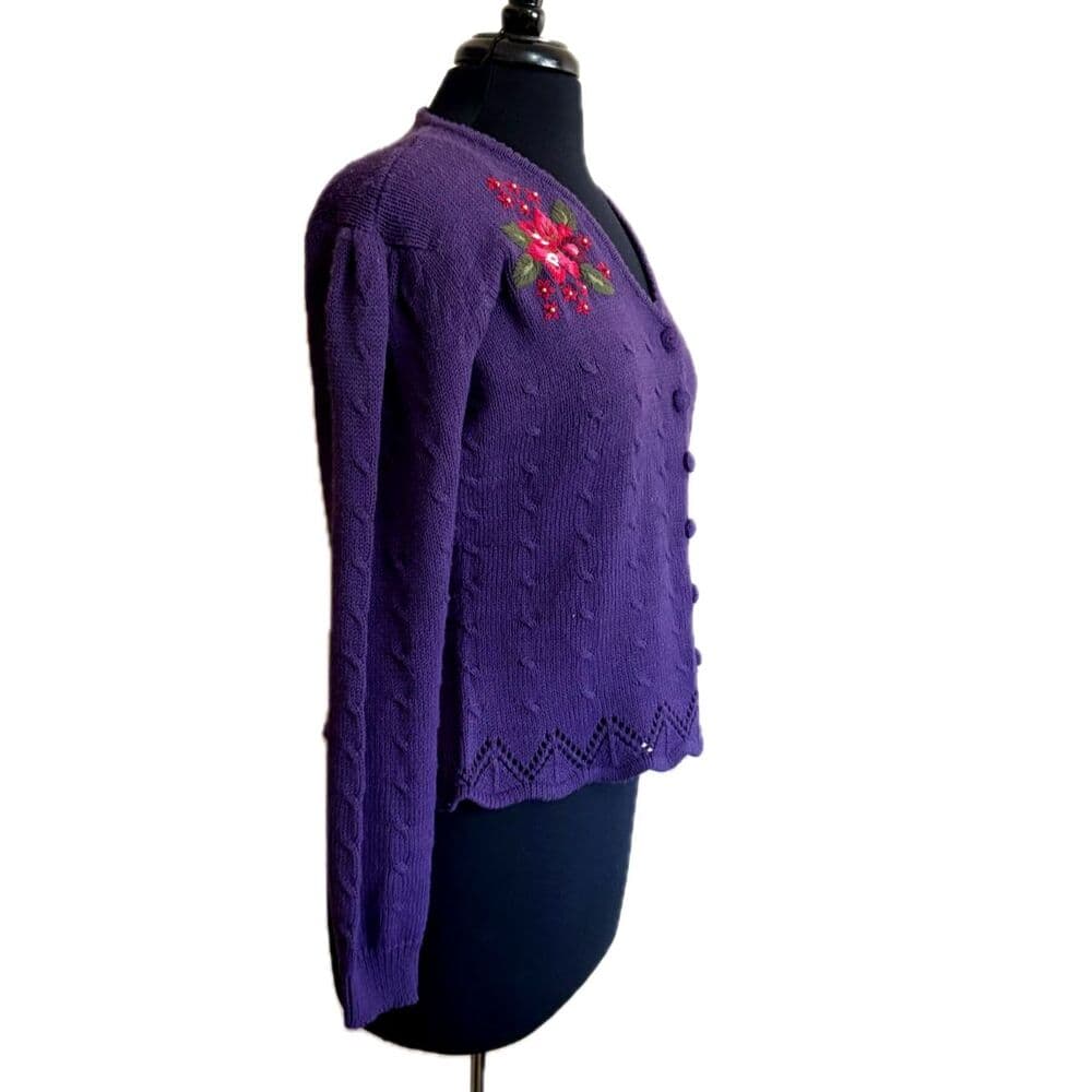 Embroidered Flower Purple Cardigan Cottage Granny Medium - Thumbnail 3