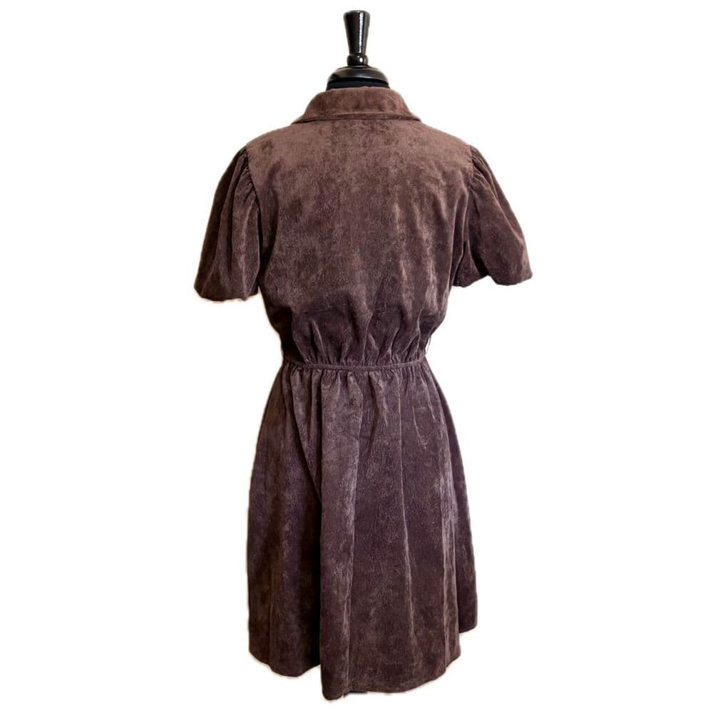 Short Puff Sleeve Corduroy A-Line Dress Brown Bobbie Bee Petite Large - Thumbnail 4