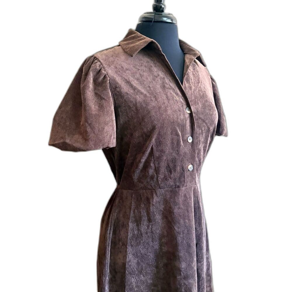Short Puff Sleeve Corduroy A-Line Dress Brown Bobbie Bee Petite Large - Thumbnail 3