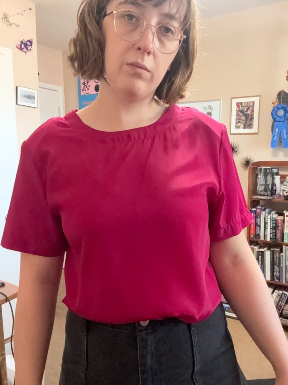 Vtg Magenta Short Sleeve Blouse Sara Stephen 1980s