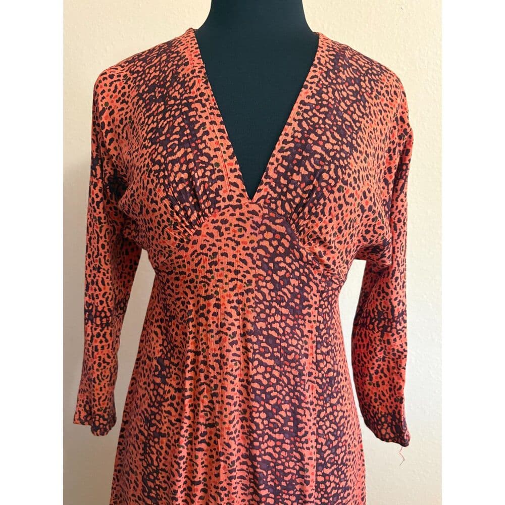 Angie Orange Animal Print Midi Dress Womens Small Boho V Neck Long Sleeve - Thumbnail 4