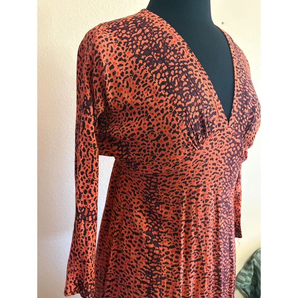 Angie Orange Animal Print Midi Dress Womens Small Boho V Neck Long Sleeve - Thumbnail 5