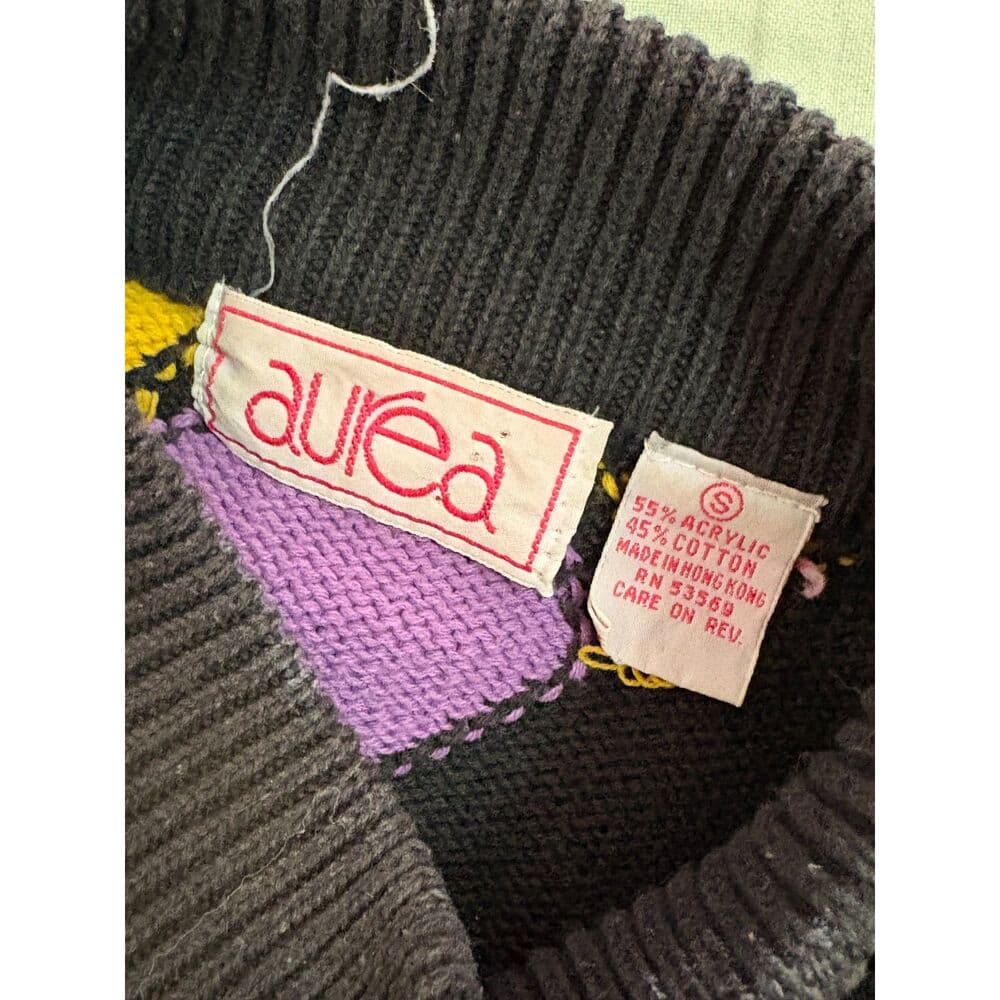 Vintage 80s Argyle Sweater Black Yellow Purple Small Medium - Thumbnail 5