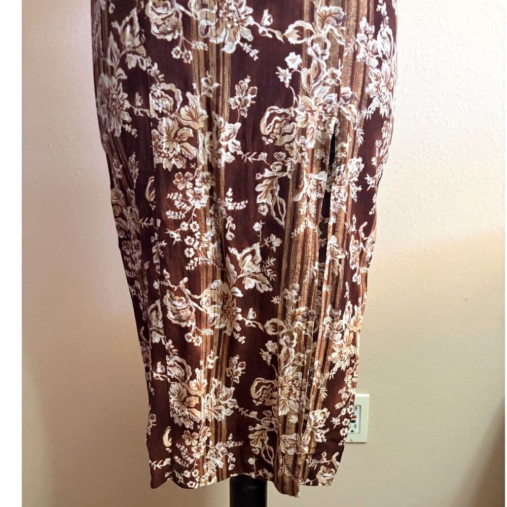 Sleeveless Brown Floral Midi Dress Beading Sheath 1990s Vtg Small 7/8 - Thumbnail 5