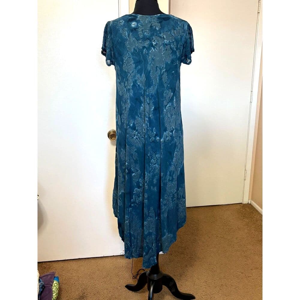 Blue Tie-Dye Caftan Dress Asymmetrical Hem Lace Sleeves - Thumbnail 2