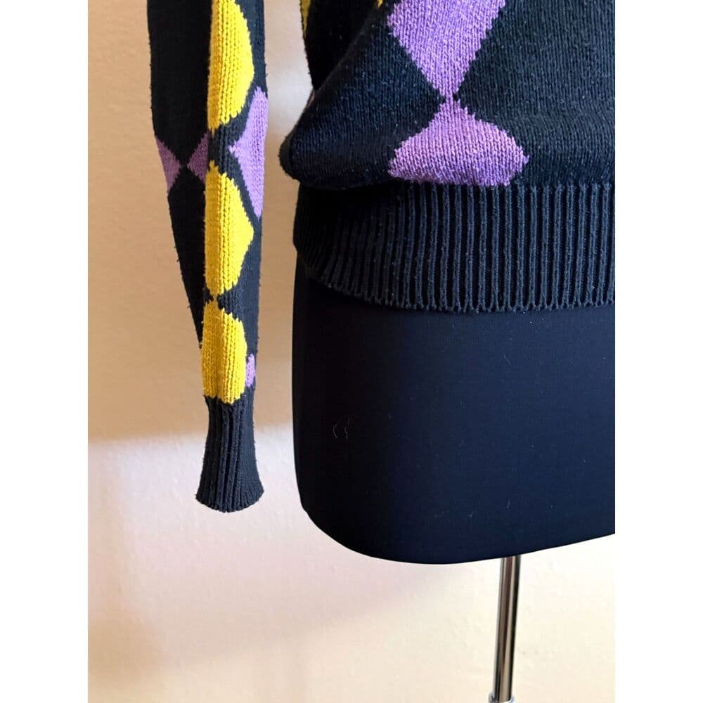 Vintage 80s Argyle Sweater Black Yellow Purple Small Medium - Thumbnail 4