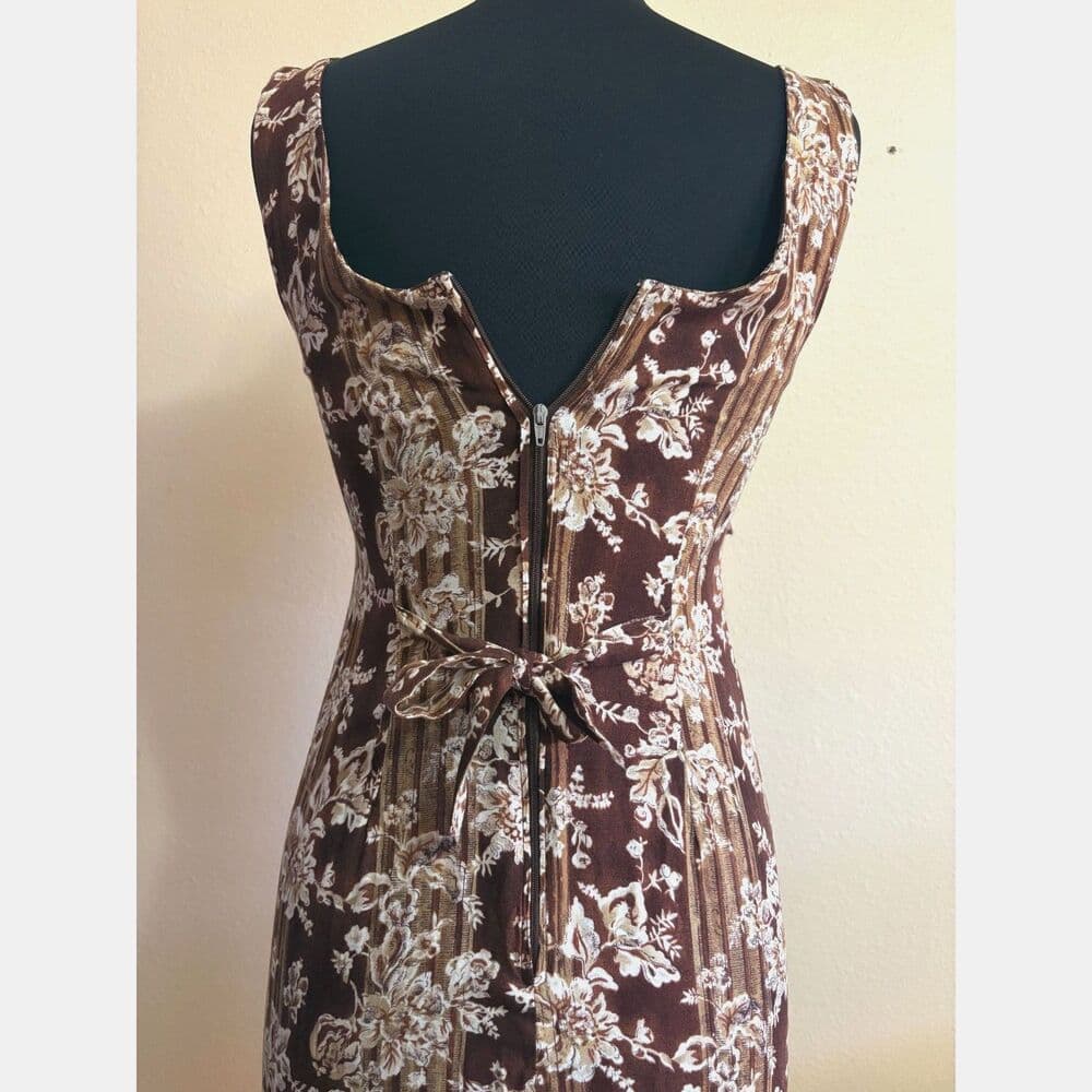 Sleeveless Brown Floral Midi Dress Beading Sheath 1990s Vtg Small 7/8 - Thumbnail 6