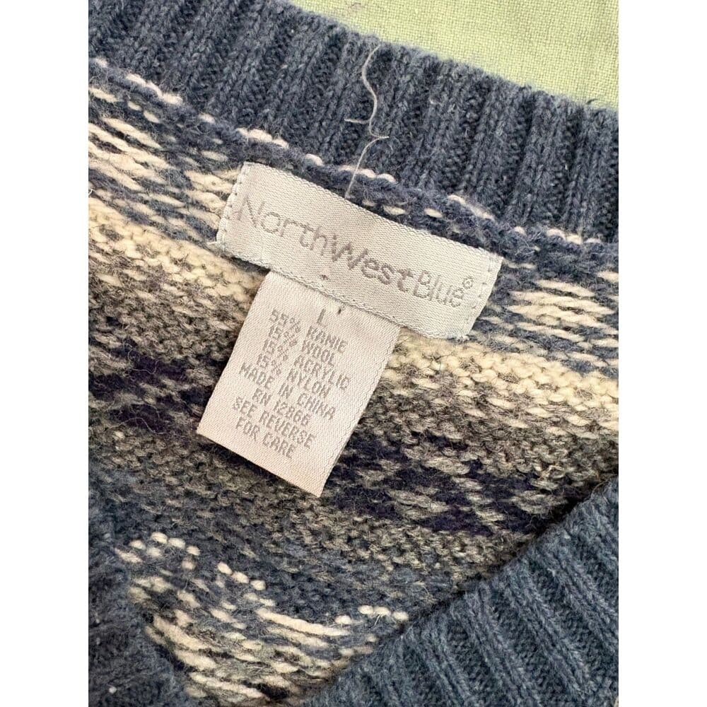 Blue, White, and Grey Fair Isle Sweater Vest Grandpa Large Wool - Thumbnail 4