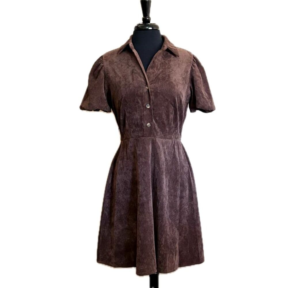 Short Puff Sleeve Corduroy A-Line Dress Brown Bobbie Bee Petite Large - Thumbnail 2