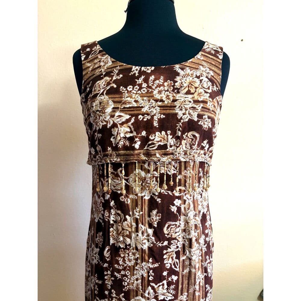 Sleeveless Brown Floral Midi Dress Beading Sheath 1990s Vtg Small 7/8 - Thumbnail 4