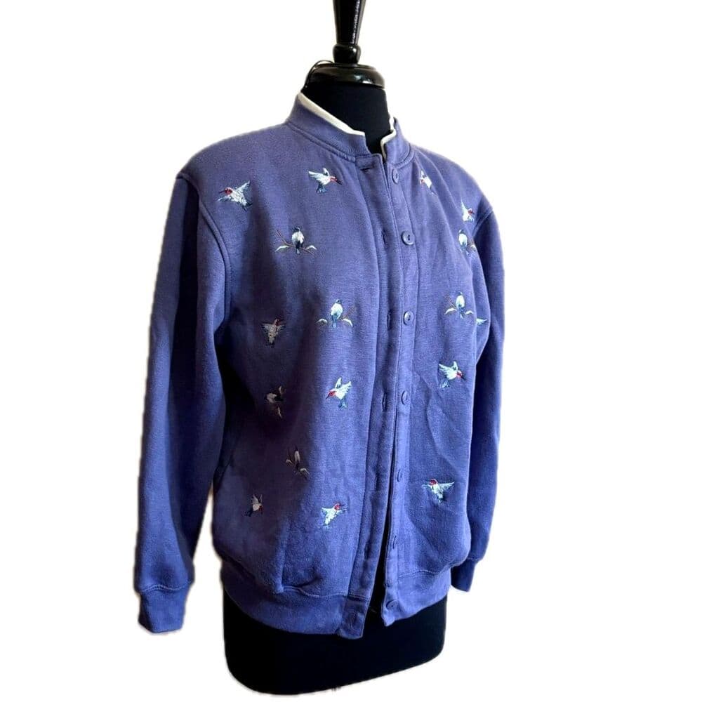 Purple Button-up Crewneck Sweatshirt Bird Embroidery Medium - Thumbnail 2
