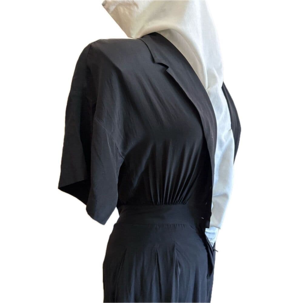 100% Silk Black Jumpsuit Waist Pleating 80s Vtg Medium - Thumbnail 3