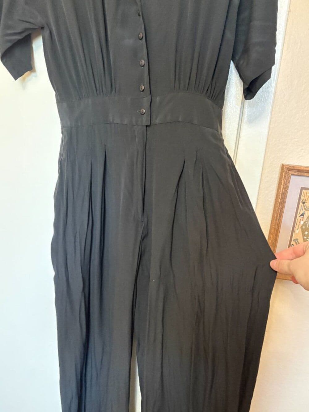 100% Silk Black Jumpsuit Waist Pleating 80s Vtg Medium - Thumbnail 4