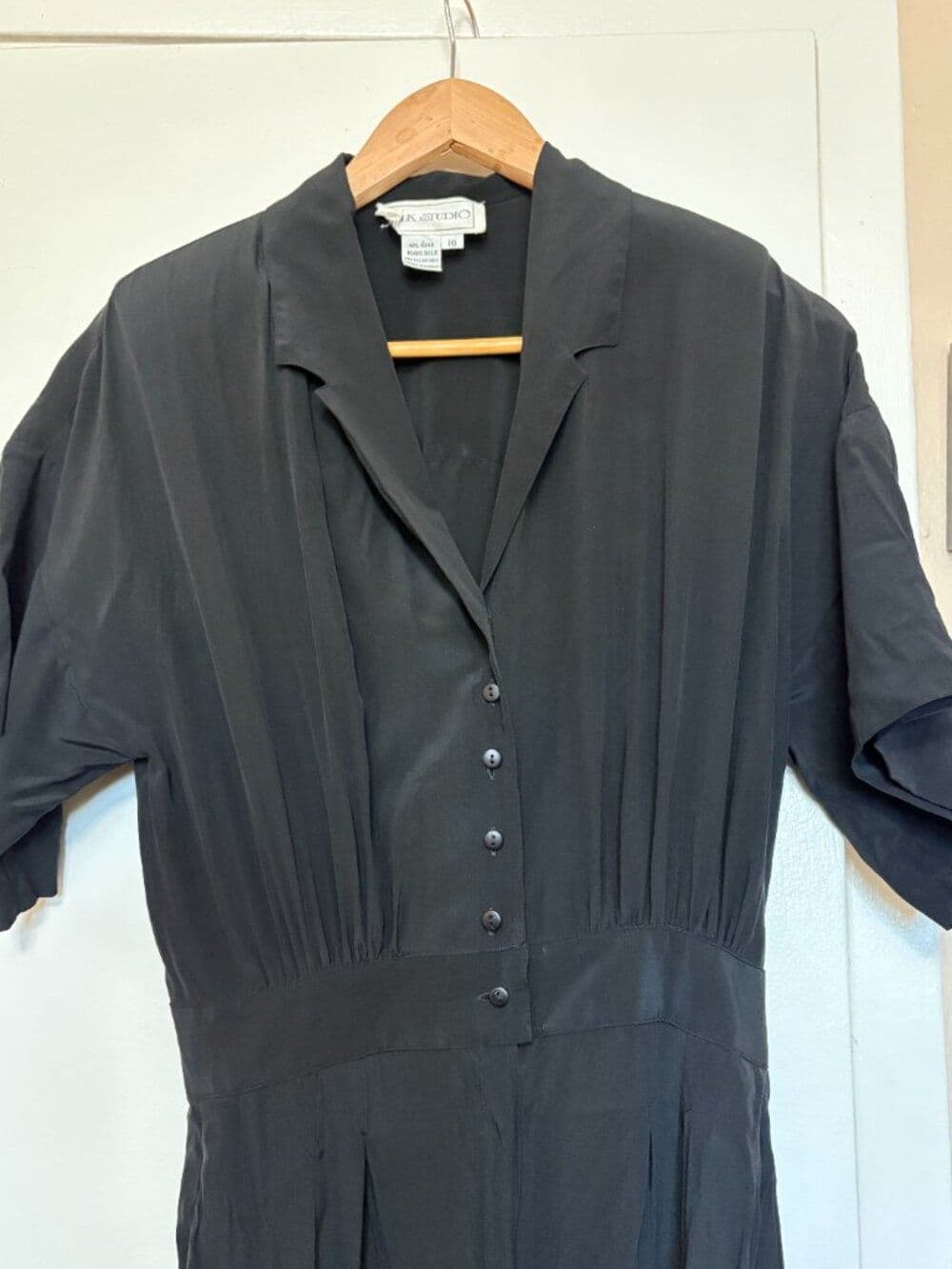 100% Silk Black Jumpsuit Waist Pleating 80s Vtg Medium - Thumbnail 5