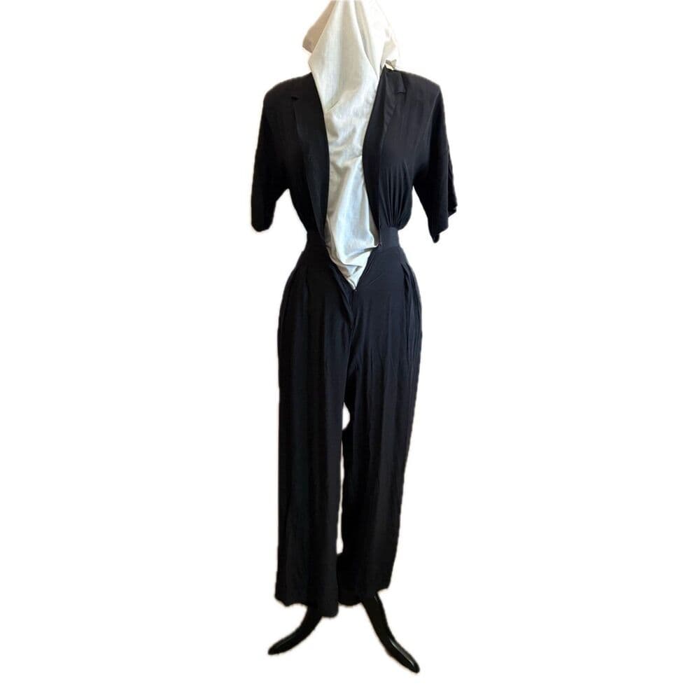 100% Silk Black Jumpsuit Waist Pleating 80s Vtg Medium - Thumbnail 2