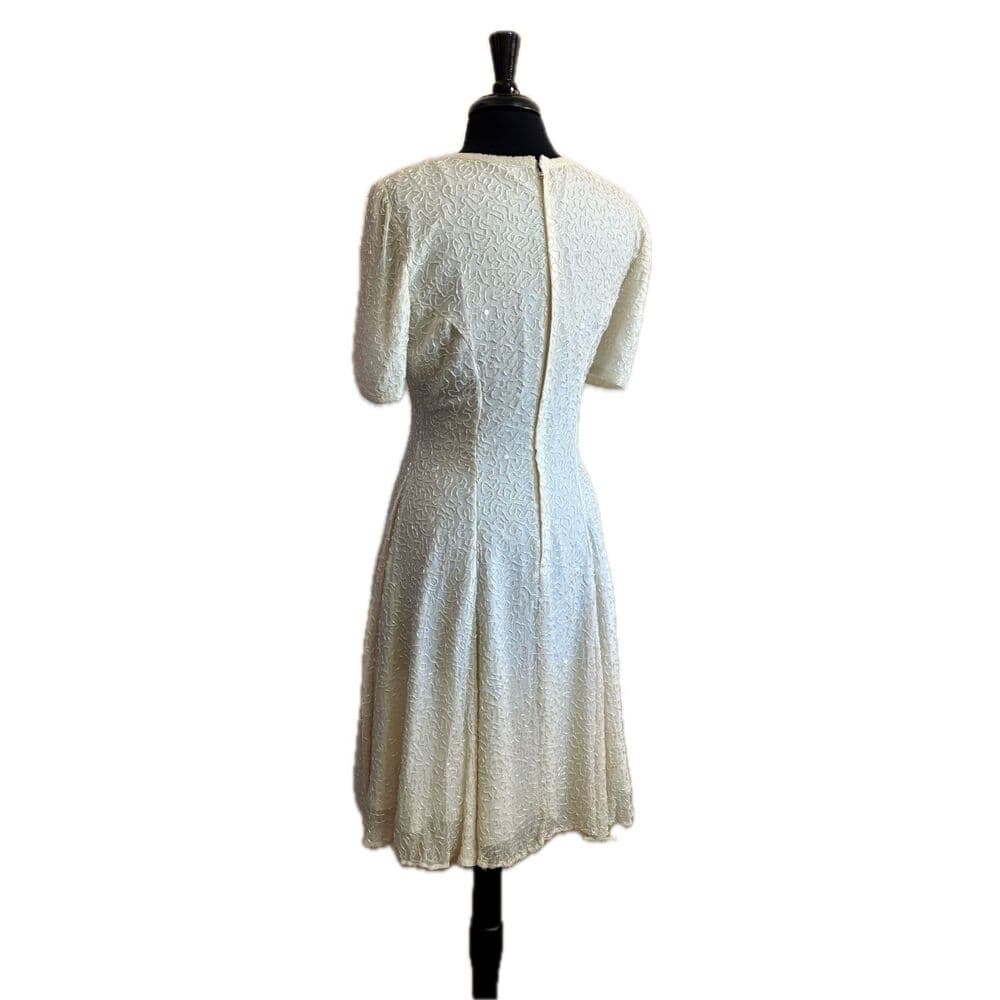80s Vintage White Beaded A-Line Cocktail Dress Wedding Large - Thumbnail 5