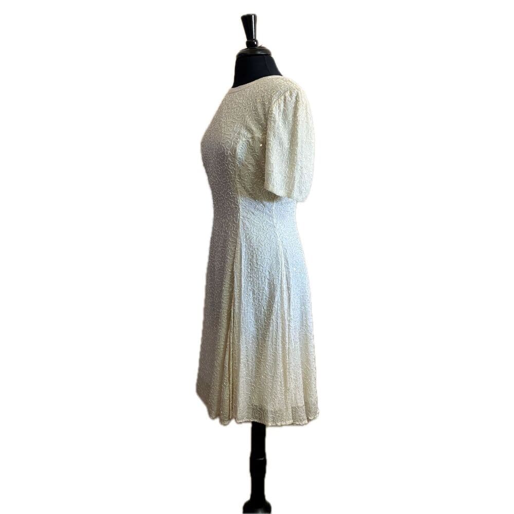 80s Vintage White Beaded A-Line Cocktail Dress Wedding Large - Thumbnail 4
