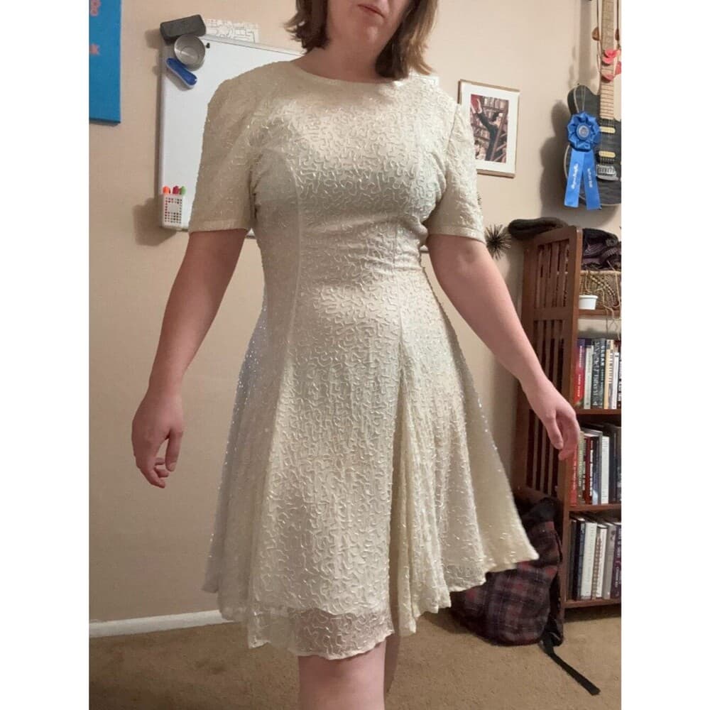 80s Vintage White Beaded A-Line Cocktail Dress Wedding Large - Thumbnail 2