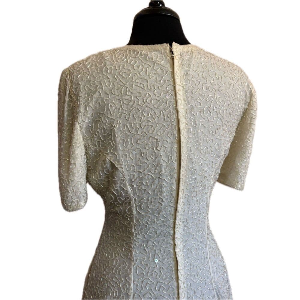80s Vintage White Beaded A-Line Cocktail Dress Wedding Large - Thumbnail 6