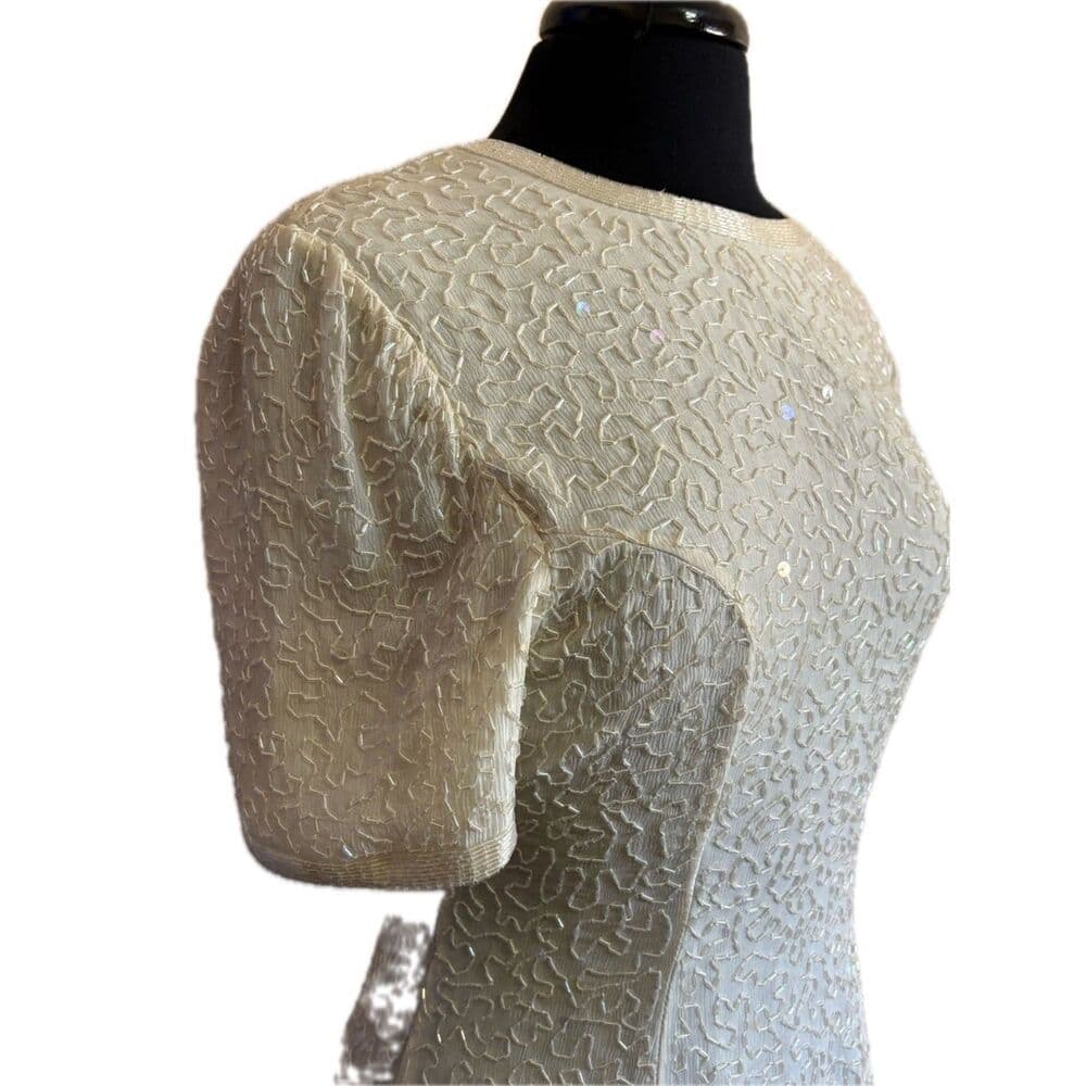 80s Vintage White Beaded A-Line Cocktail Dress Wedding Large - Thumbnail 3