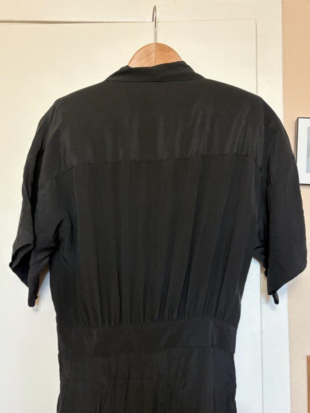 100% Silk Black Jumpsuit Waist Pleating 80s Vtg Medium - Thumbnail 6