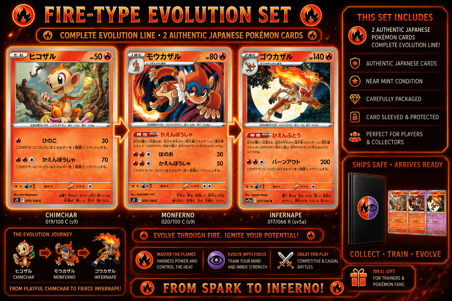 Japanese Pokémon Chimchar 019/100 Monferno 020/100 Infernape 017/066 Evolution S
