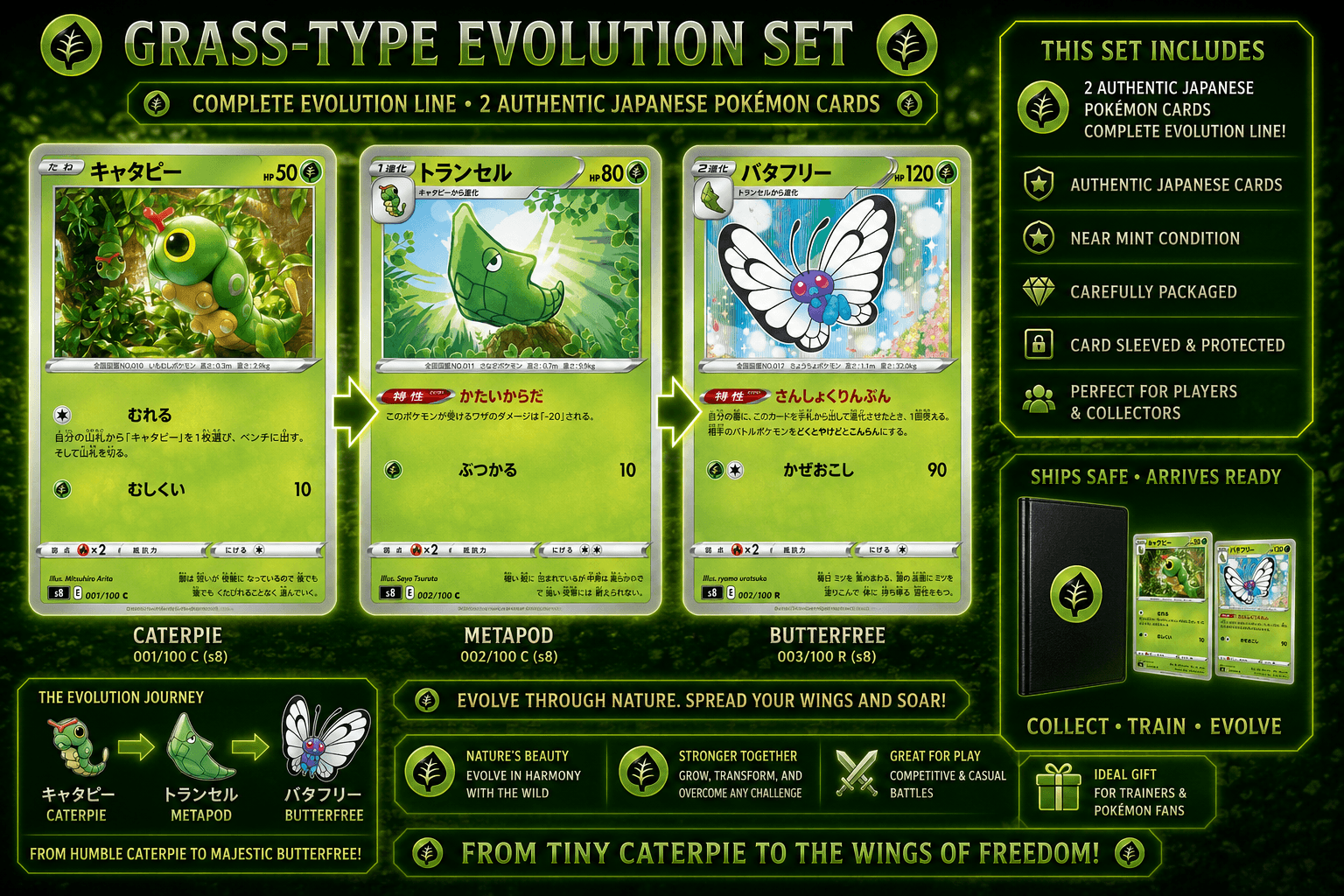 Japanese Pokémon Caterpie 001/100 Metapod 002/100 Butterfree 003/100 s8 Set