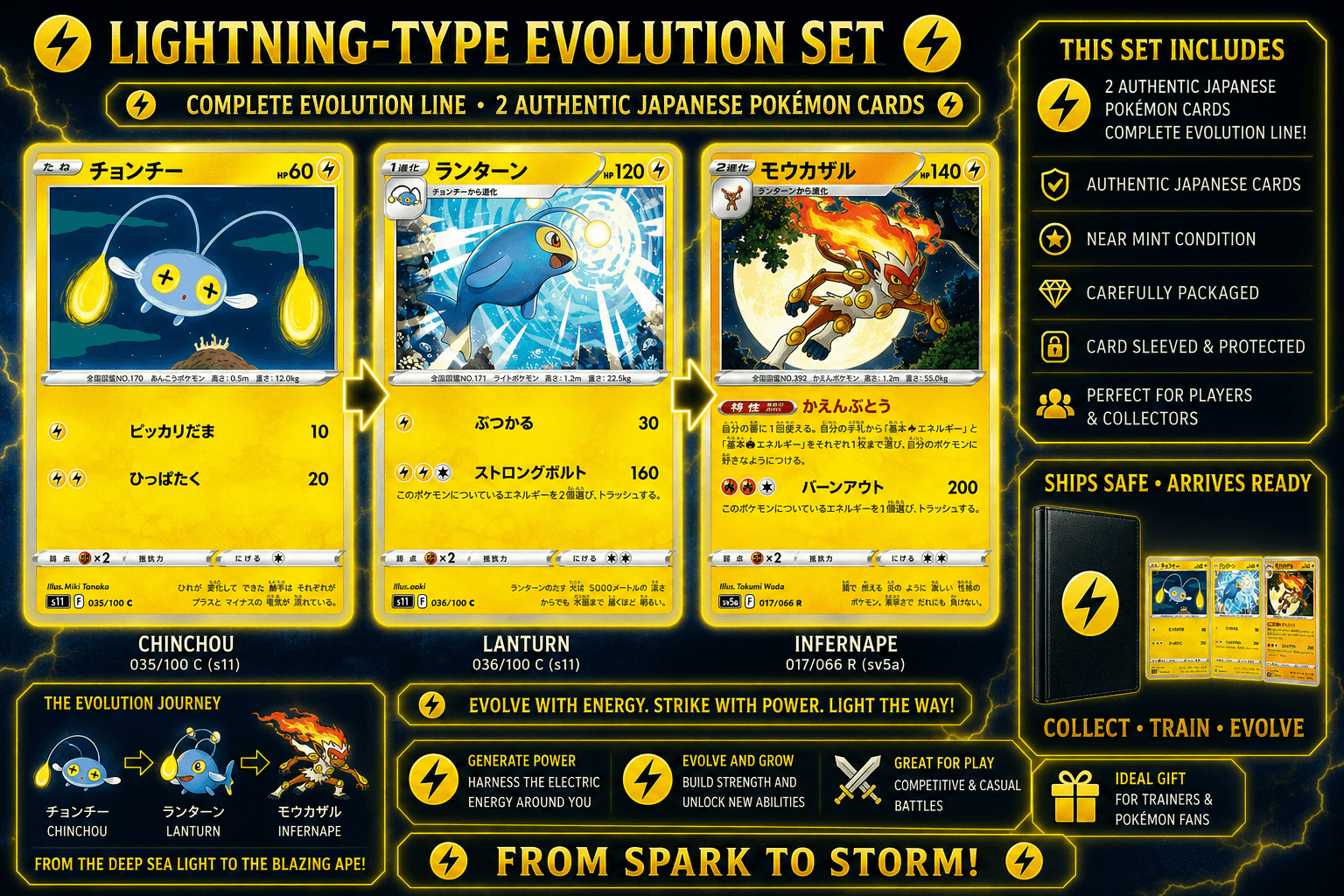 Japanese Pokémon Chinchou 035/100 + Lanturn 036/100 s11 Evolution Card Set