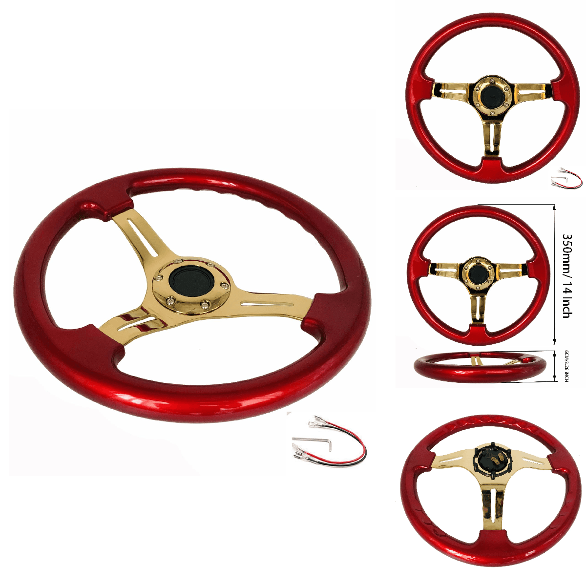 Yehicy Universal Red Wood Grain Steering Wheel Gold Spoke 14350Mm Classic