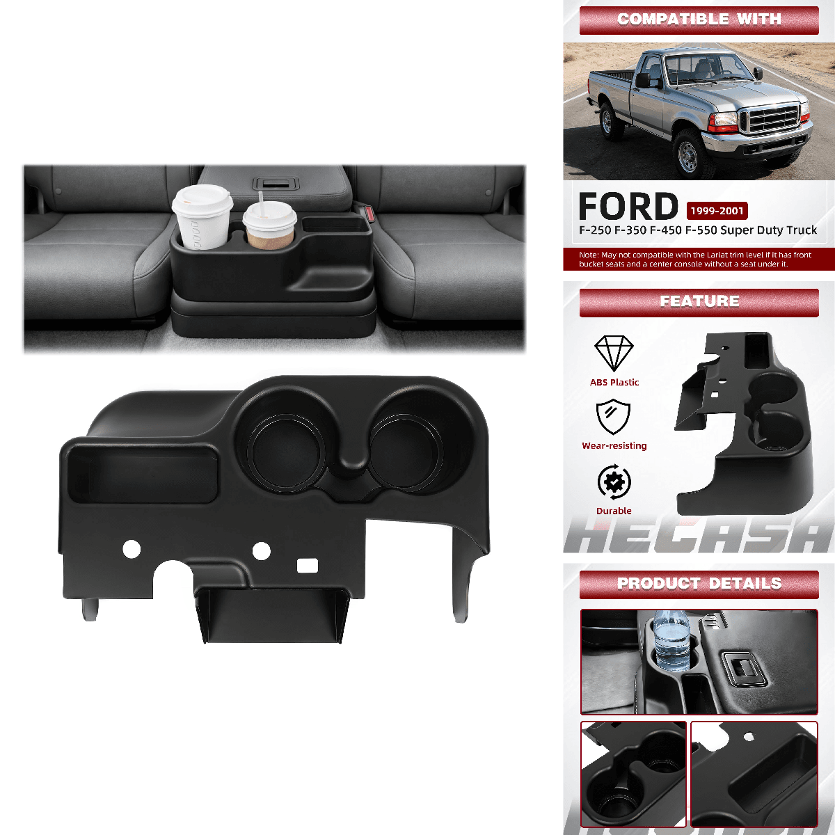 Hecasa Console Cup Holder Compatible 1999-2001 Ford F-250 F-350 F-450 F-550