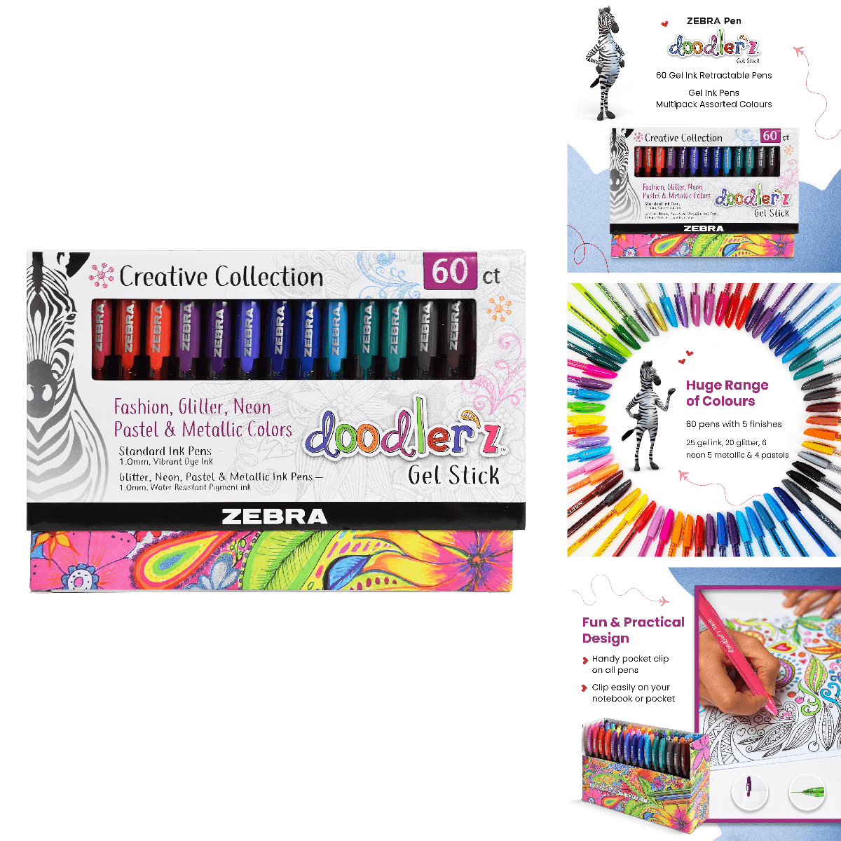 Zebra Pen Zebra Doodlerz Gel Stick Pens 1.0 Mm Fashion. Glitter Neon And Pastel