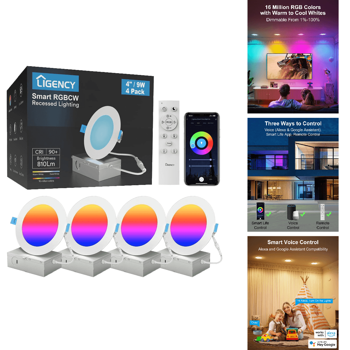 Ligency 4-Pack 4 Inch Smart Recessed Lighting 9W 810Lm Ultra-Thin Canless Led
