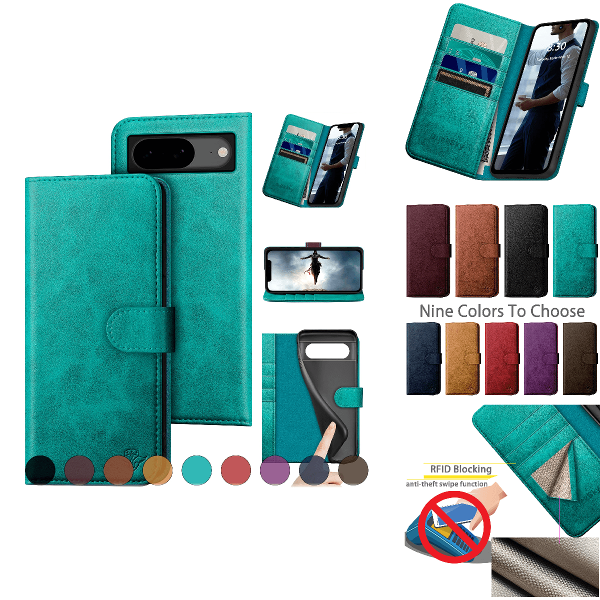 Ducksky For Google Pixel 8 5G Genuine Leather Wallet Case Rfid Blocking4 Credit