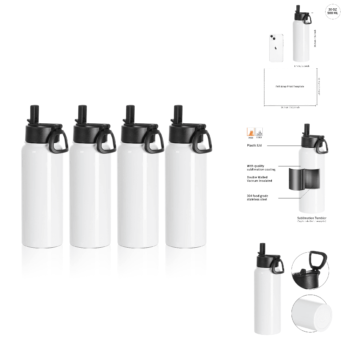 Pyd Life 4 Pack Sublimation Water Bottle Blanks Sports Tumbler Cups White 30 Oz