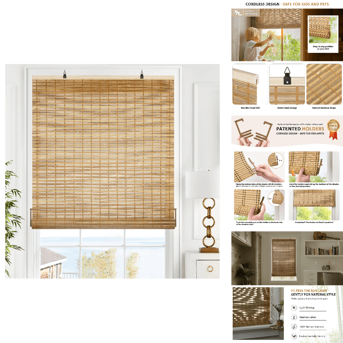 Lazblinds Cordless Bamboo Blinds Roll Up Shades For Windows Light Filtering