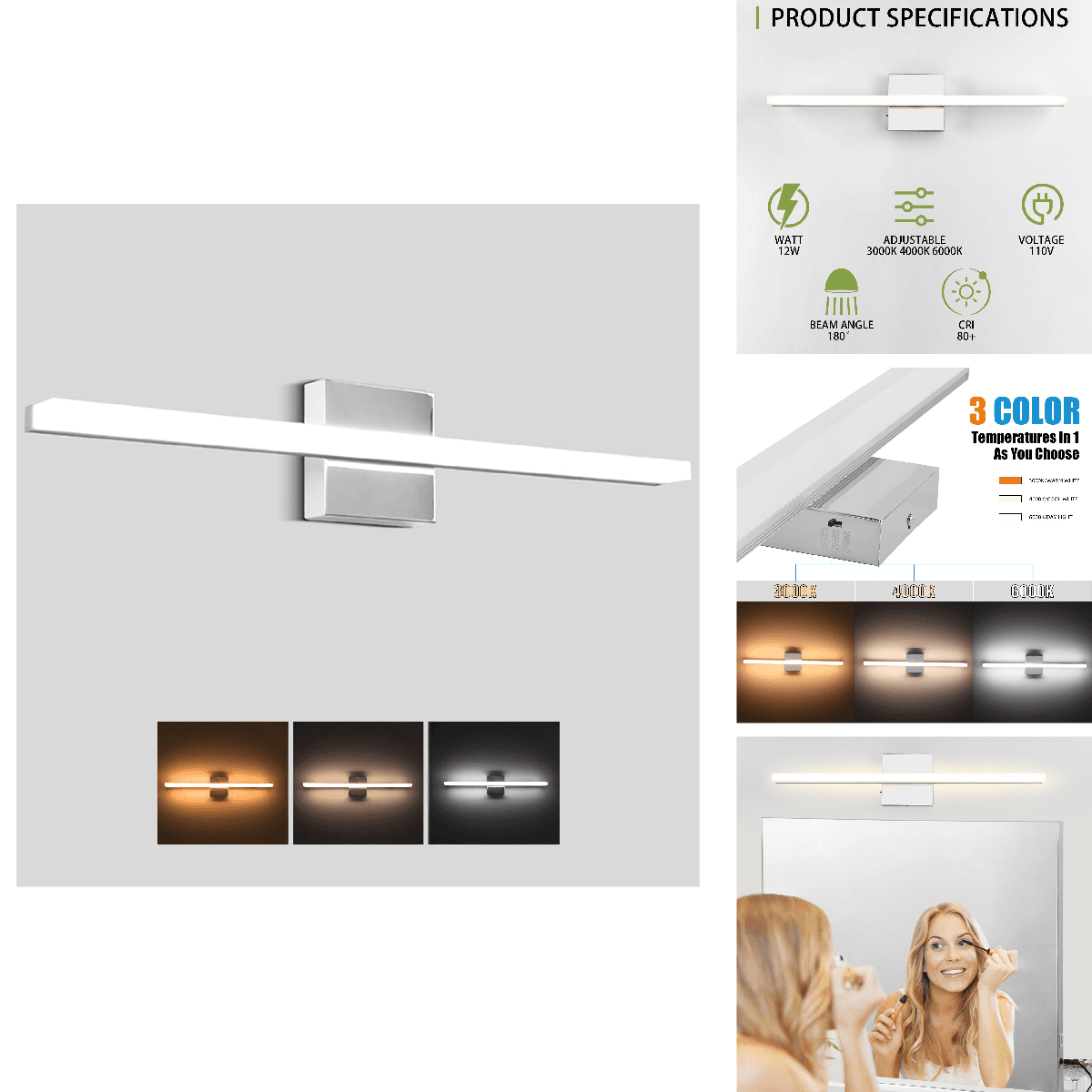 Amansour Led Bathroom Vanity Light 24In 12W Adjustable Temperature 3000K 4000K