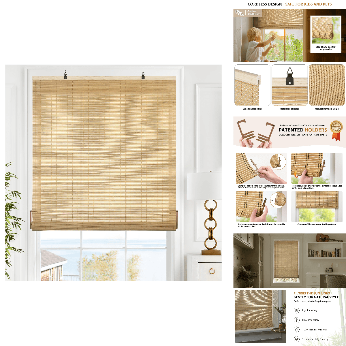Lazblinds Cordless Bamboo Blinds Roll Up Shades For Windows Light Filtering