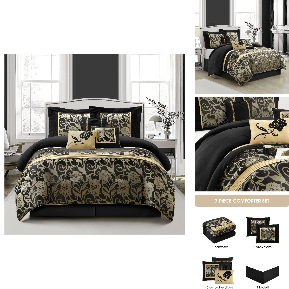 Stratford Park Jacquard 7-Piece Comforter Bedding Set Blackbed Size Queen