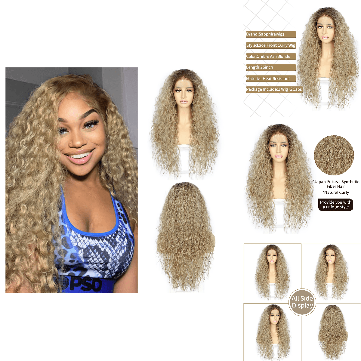 Sapphirewigs Loose Curly Wig Lace Front Wig Ombre Ash Blonde Color Synthetic