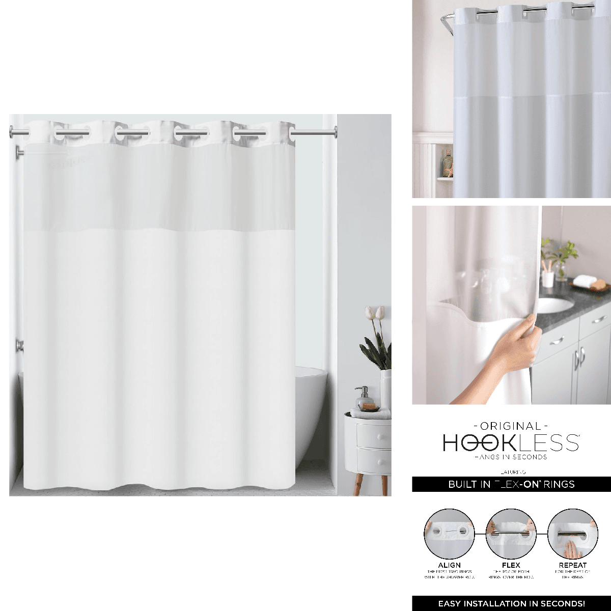 Hookless Its A Snap Plainweave Shower Curtain 3-In-1 Shower Curtain Includes