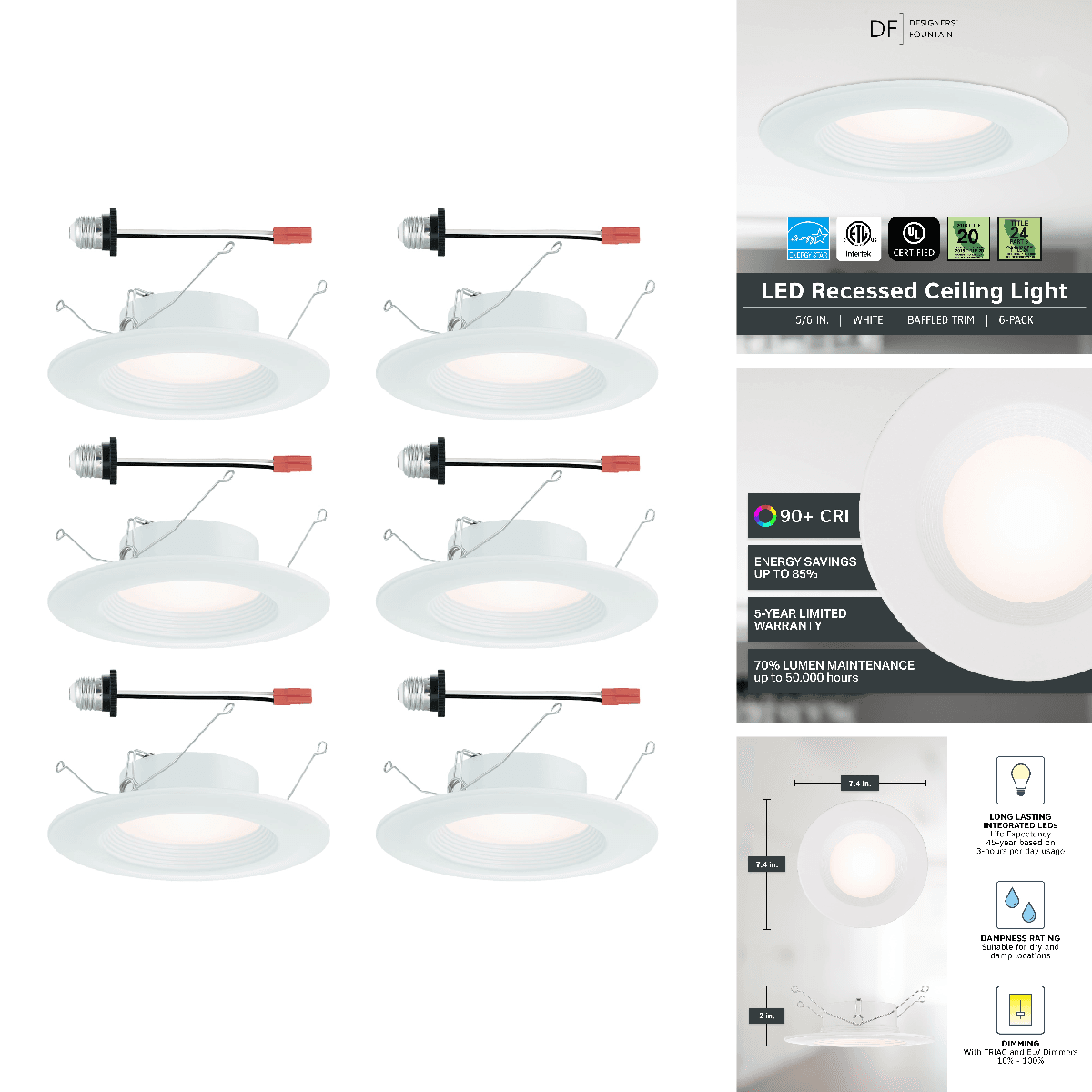 Designers Fountain Led Recessed Ceiling Lights 6 Pack 5/6 Inch 5Cct Metal